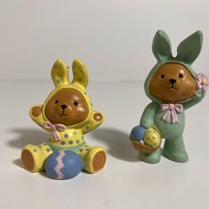 Lot Of 2 Rare Vintage Bear in Easter Bunny Costume Figure Figurines Rabbit Eggs